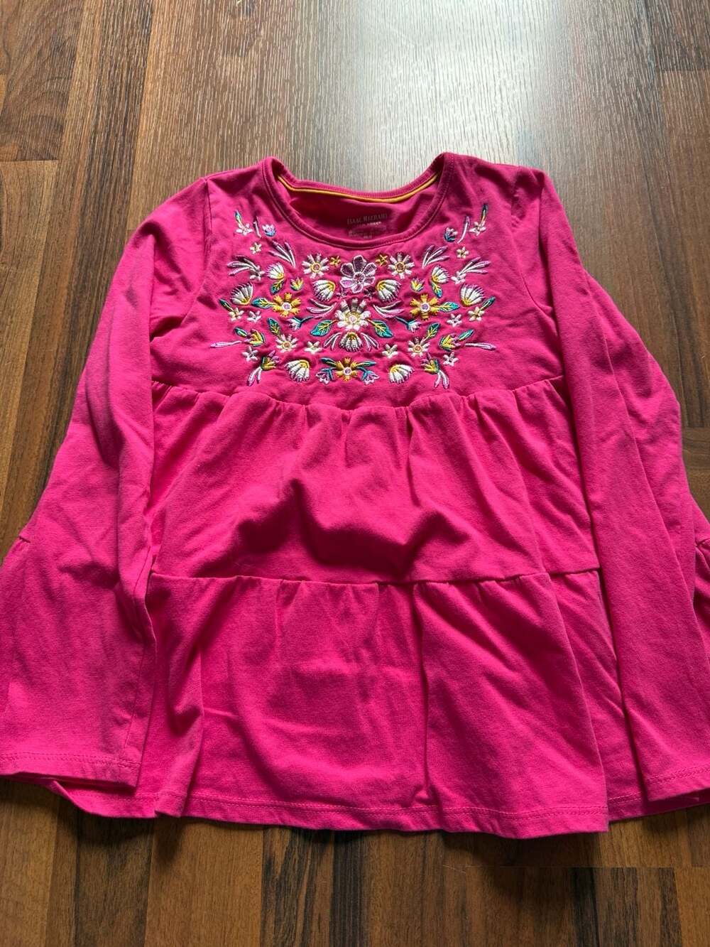 Isaac Mizrahi New York Girls Pink Floral Embroidered Tiered Long Sleeve Top